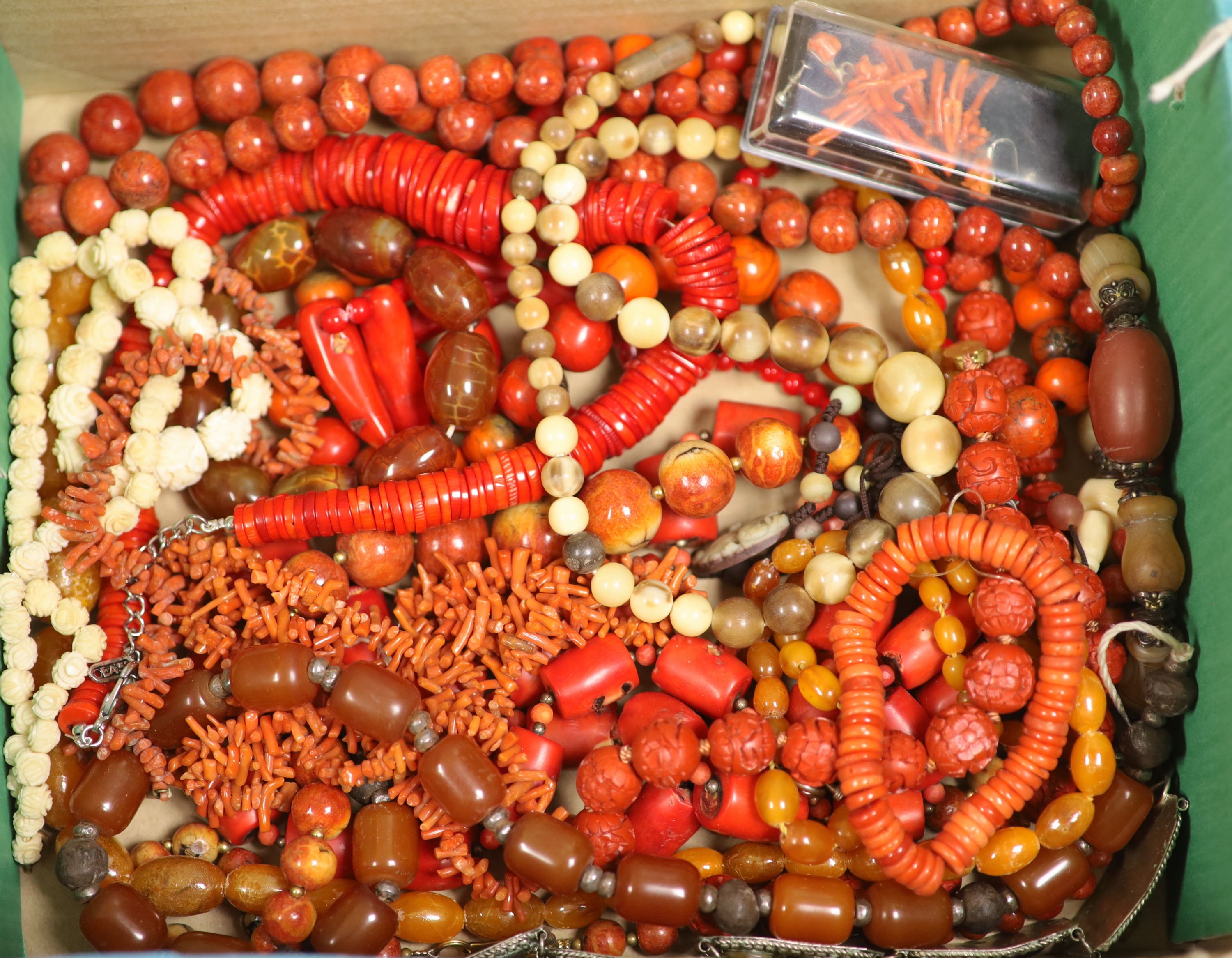 Assorted bead necklaces and other costume jewellery.